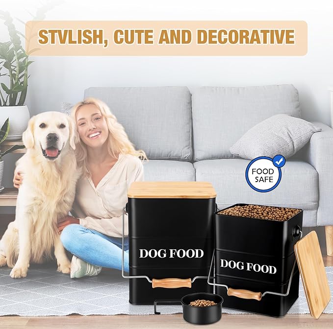 Tioncy 2 Pcs Metal Dog Food Storage Containers Total 10-14 Lbs (50 Cup) Capacity, Airtight Pet Food Canister with Bamboo Lids Scoop DIY Labels Dog Treat Storage Jars for Kitchen Counter(Matte Black)