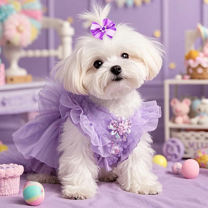20 PCS Cute Dog Hair Bows with Rubber Bands Elastic Handmade Mix Style Lace Rhinestone Pearls for Furry Puppy Cat Pet Girl, Purple
