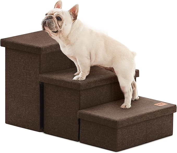 Love's cabin Dog Stairs for High Bed 18" H, Foldable Pet Stairs for Small Medium or Large Dogs Puppy with Storage for Bed or Couch, Cat Dog Steps Ramp with Zip up to 200 lbs, Coffee, 3 Steps