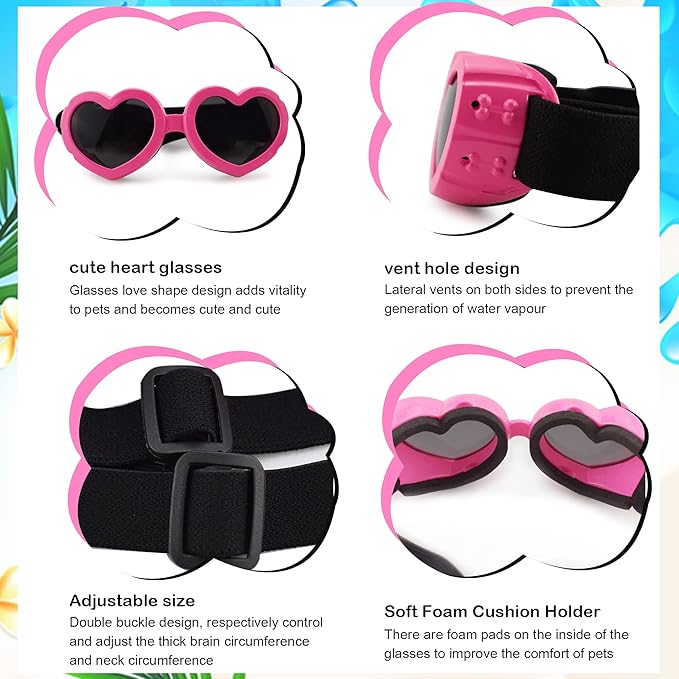 Small Breed Dog Sunglasses, UV Protection with Adjustable Strap, Heart-Shaped Goggles for Waterproof, Windproof, Anti-Fog Eye Protection, Beach Accessories (Pink)