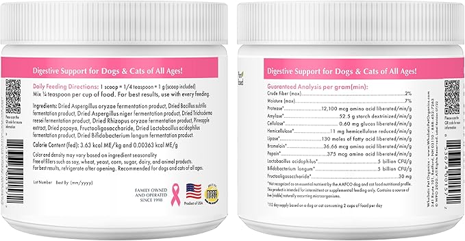 Wholistic Pet Organics Probiotics for Dogs with Digestive Enzymes & Prebiotic Fiber - 4 Oz - Daily Cat & Dog Probiotics for Digestive Health, Anti Diarrhea & Gut Support - Cat Probiotic - 113 Scoops