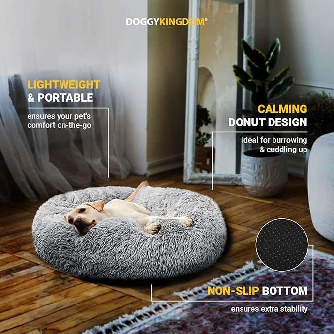 Calming Round Donut Dog Bed Pillow, Washable, Anti Anxiety, Anti-Slip, Cozy Soft Cuddler Comfort Bed with Fluffy Plush Faux Fur for Large Medium Small Sized Dog - Gray, S 28 inch