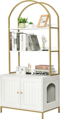 Homhedy Cat Litter Box Enclosure, Litter Box Furniture Hidden with 2-Tier Storage Shelves, Wooden Cat Washroom Furniture with Metal Frame, Modern Style, White and Gold