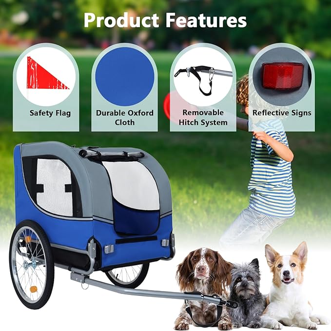 Large Dog Trailer for Bike, Folding Bike Trailer for Dogs with 18.9" Wheels, 120LB Capacity All-Terrain Pet Carrier, Universal Bicycle Coupler