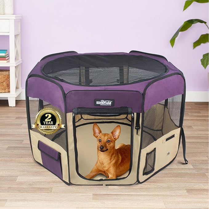 EliteField 2-Door Soft Pet Playpen (2 Year Warranty), Exercise Pen, Multiple Sizes and Colors Available for Dogs, Cats and Other Pets (42" x 42" x 24"H, Purple+Beige)