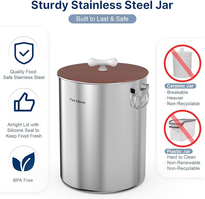 2PK 25 Lbs Stainless Steel Dog Food Storage Container with Airtight Lid & Ceramic Bone Handle, Large Metal Dog Food Bin for Dogs & Cats, Keep Fresh, Easy to Clean