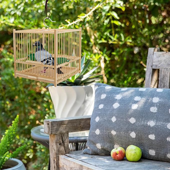 Happyyami Bamboo Bird Cage Small Square Parakeet Cage with Hanging Hook Indoor Outdoor Bird Keeping for Budgie Lovebird Cockatiel