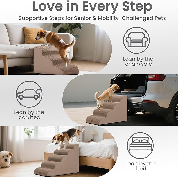 gogobunny Ramp Cat Dog Stairs for Beds, Cat Slope Stairs with Durable Waterproof Fabric Cover, Pet Steps for Old Large Dogs Climbing (Camel, 4-Step (28.3" D x 15.7" W x 19.7" H), 4)