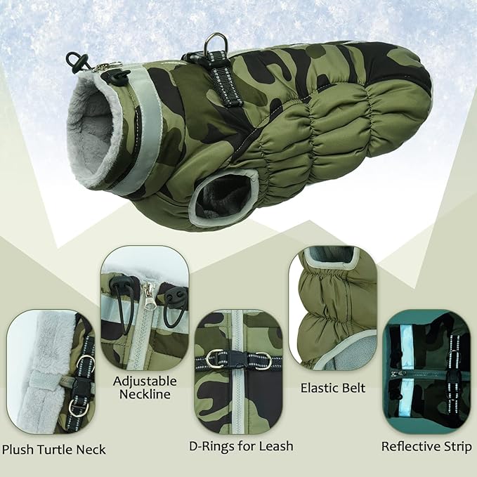 Lelepet Dog Coat Warm Dog Winter Coat Waterproof Dogs Jacket with Harness Built in Reflective Pet Fleece Vest Zip-Up Cold Weather Coats for Large Dogs Turtleneck & Windproof Coats Boxer Green Camo XL