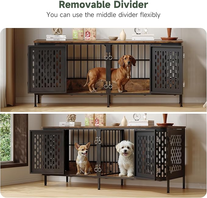 ONBRILL 63” Dog Crate Furniture for 1 or 2 Dogs,Large Double Dog Cage with Removable Divider,Heavy Duty Wooden Dog Crate As TV Stand with Steel Frame,Brown