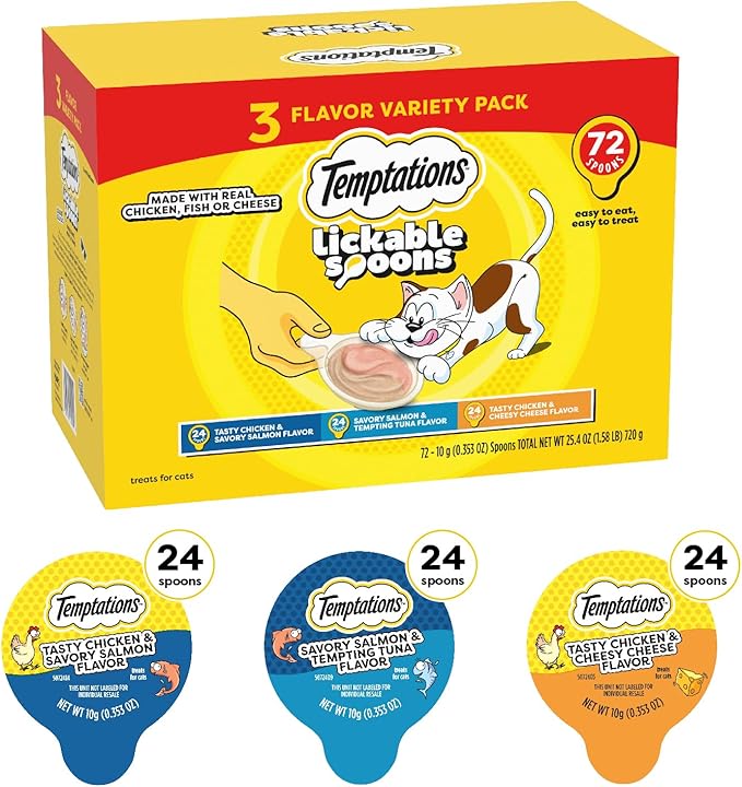 Temptations Lickable Spoons, Soft Lickable Cat Treats, Adult Wet Cat Treats, Variety Pack, 72 Spoons