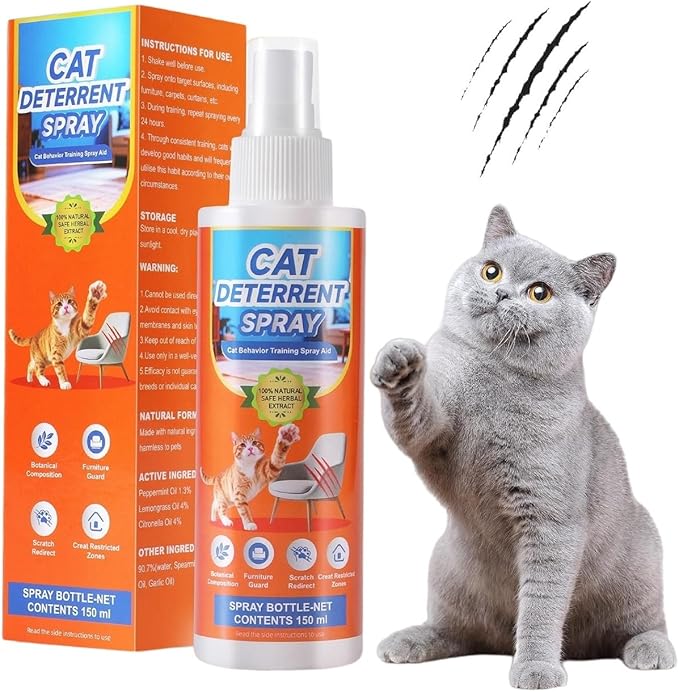 Natural Cat Deterrent Spray, Cat Repellent Spray for Indoor and Outdoor, Strengthened Cat Scratch Deterrent for Furniture, Anti Marking Deterrent for Sofas or Carpet (150 ml)