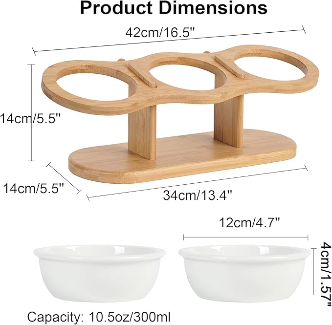 Elevated Cat Bowls, 2 Heights Adjustable Raised Dog Bowl Stand, 3 Ceramic Bowls for Cats and Small Dogs, 15° Tilted