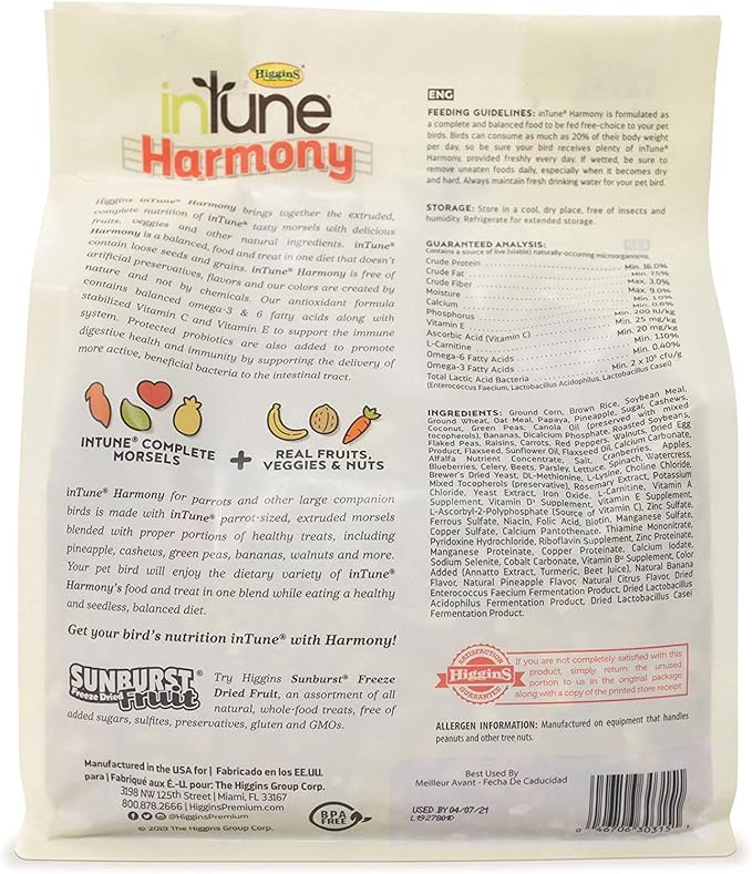 Higgins 2 Pack of Intune Harmony Food for Parrots and Large Birds, 3 Pounds Each