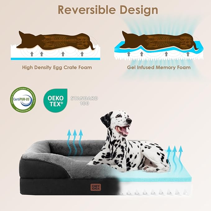 EHEYCIGA Orthopedic XXL Dog Bed for Large Sized Dog, 52x41x8 Inch Extra Large Memory Foam Dog Couch Bed with Sides, Waterproof Liner & Washable Removable Cover, Bolster Pet Sofa, Grey/Black