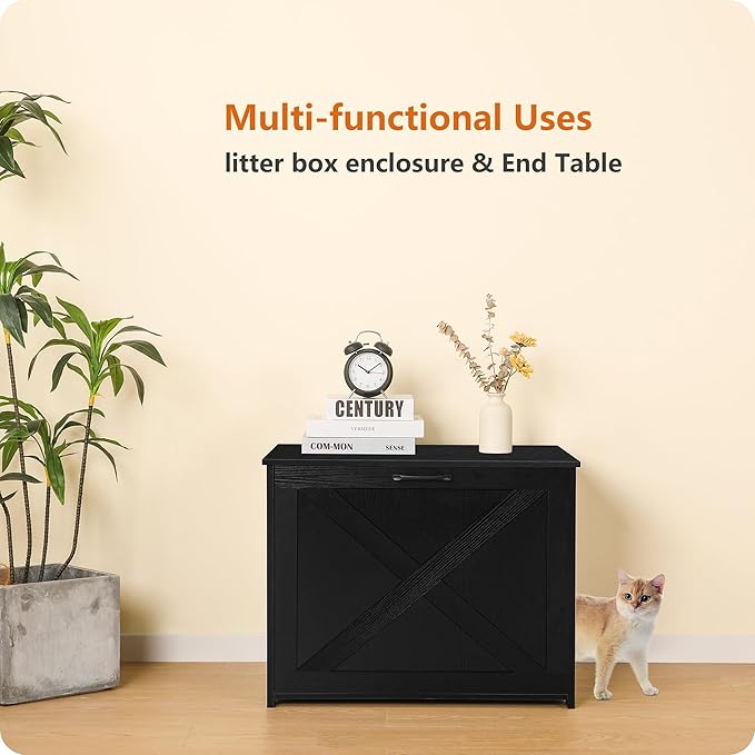 Dwanton Cat Litter Box Furniture Hidden, Cat Litter Box Enclosure, Reversible Entrance Can Be on Left or Right Side, Indoor Cabinet, Wooden Washroom, End Table, Nightstand, Black, 27.6" L