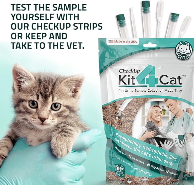 KIT4CAT 2lb Hydrophobic Cat Litter for Urine Sample Collection, Uniquely Made with Natural Sand - Keeps Liquid Clean and On Top | CheckUp on Your Cat's Wellness at Home (3 x 11oz Bags)
