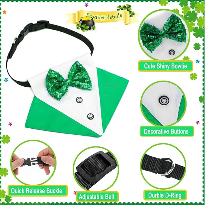 2 PCS St. Patrick's Day Costume Dog Bandana Collar and Pet Top Hat Buckle Green Dog Bow Tie Formal Tux Clothes with D-Ring Irish Tuxedo Saint Patrick Outfits for Dogs Puppy Cat Party Dress (Medium)