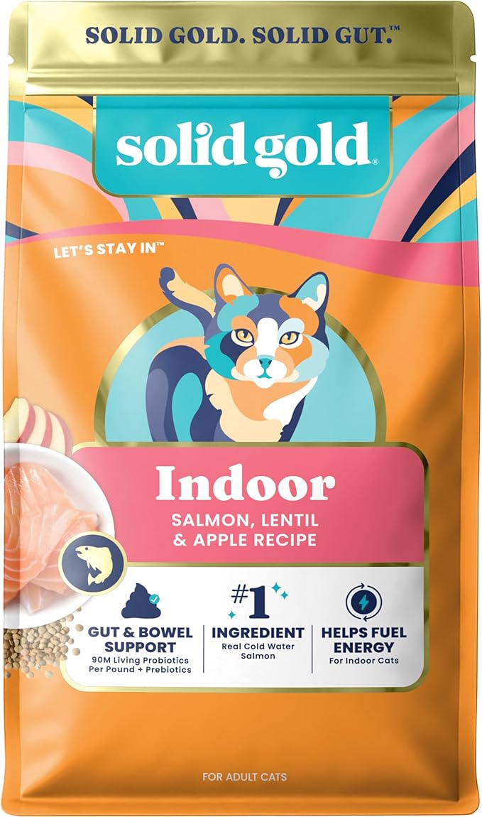 Solid Gold Indoor Dry Cat Food - Grain Free & Gluten Free - Salmon Cat Food Dry Kibble for Indoor Cats w/Probiotics & Fiber for Gut Health - Sensitive Stomach & Hairball Support for Adult Cats - 3LB