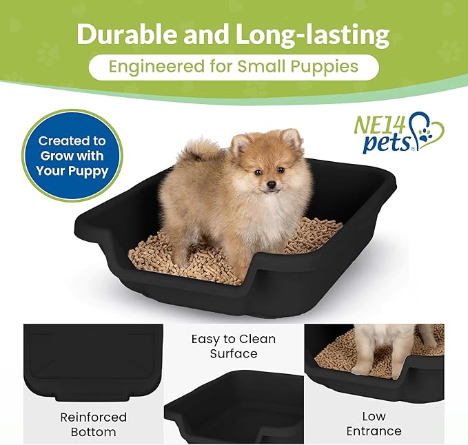Dog Litter Box, Black Color, Small Size, Durable & Pet Safe Puppy Litter Box, Indoor Open Top Entry Dog Litter Pan, Comfortable for Dogs, Great for Small Dogs up to 6 lbs (2 Pack)
