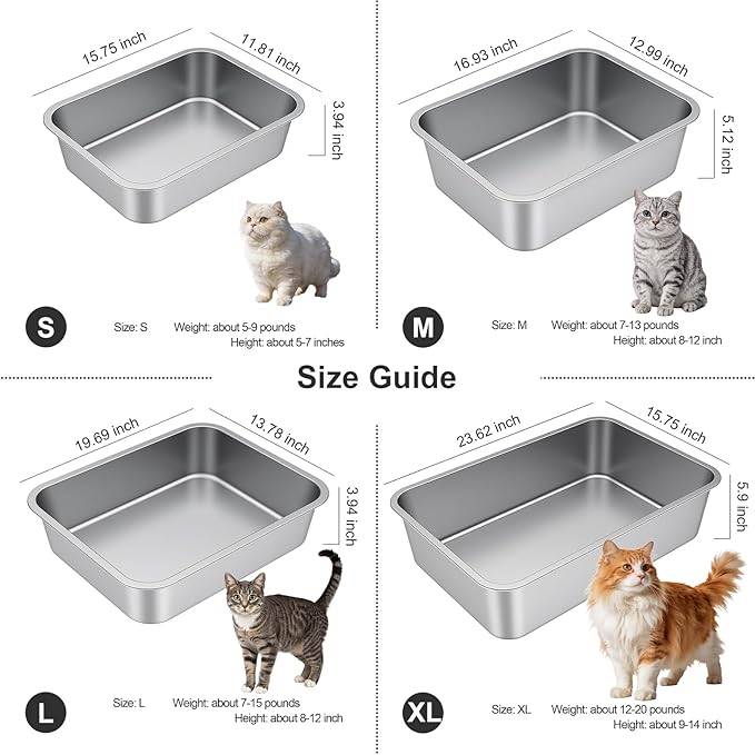 X-Large Stainless Steel Litter Box with High Sided, Metal Cat Litter Box, Odor-Free Non-Stick Litterbox Pan, Easy to Clean Pet Supplies Toilet Tray for Indoor Cats, Kittens or Multicat Homes