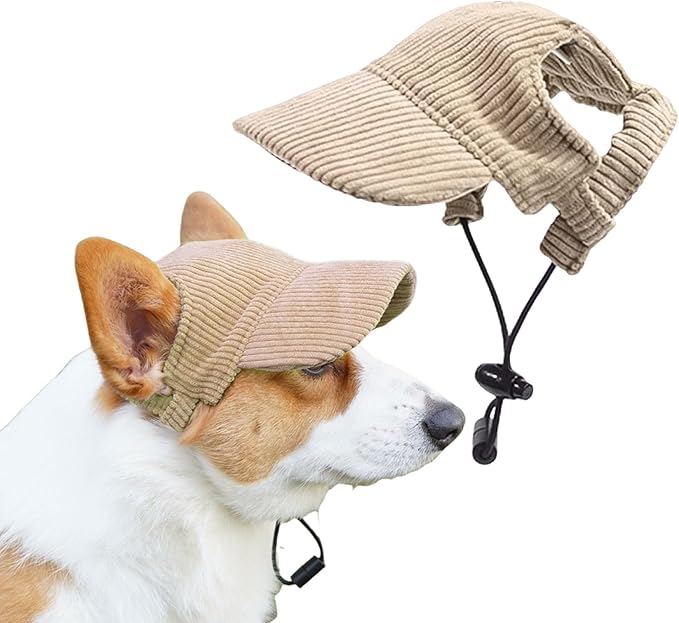 Dog Baseball Cap, Dog Cat Summer Beach Visor Hat with Ear Holes, Adjustable Puppy Sunbonnet Headdress (Khaki, Small)