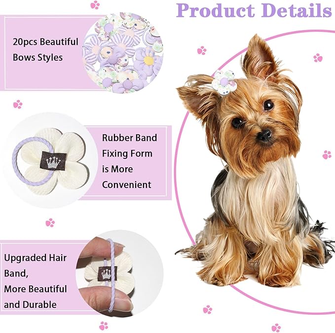 20 Pcs Handmade Cute Puppy Hair Bows, Flower Bowknot with Rubber Bands for Small Dog Hair Ties Accessories Sweet Purple