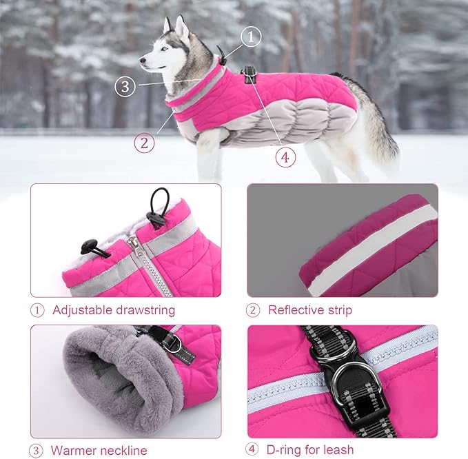 Lelepet Dog Coat Warm Dog Winter Coat Waterproof Dogs Jacket with Harness Built in Reflective Pet Fleece Vest Zip-Up Cold Weather Coats for Large Dogs Turtleneck & Windproof Coats Pitbull Rose Red 2XL