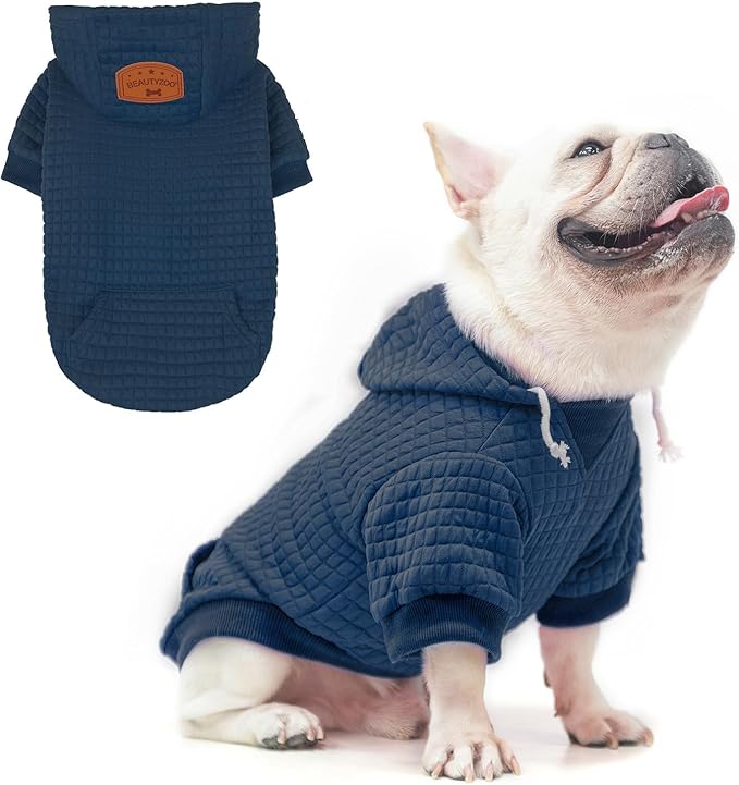BEAUTYZOO Small Dog Hoodie Sweater with Pockets, Dog Clothes for Small Medium Dogs Boy Girl, Waffle-Like Laminated Cotton Pet Coats with Hat and Leash Hole, Navy Blue ML