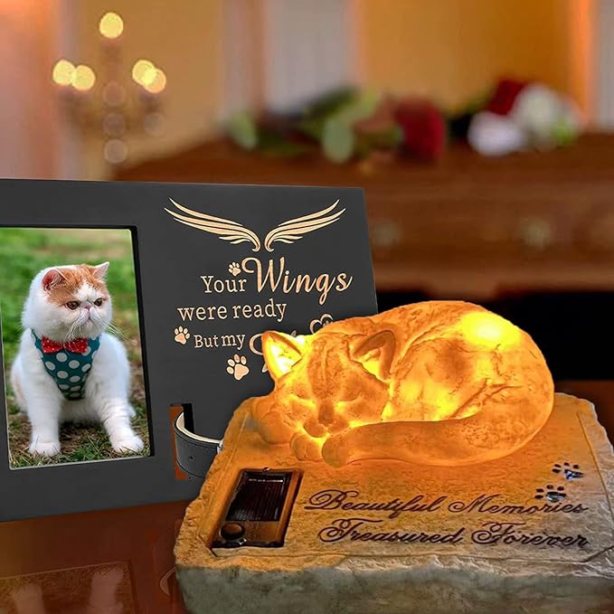 Personalized Cat Memorial Stones Cat Memorial Statue Cat Headstone for Grave Cat Tombstones Pet Loss of Cat Sympathy Gift Home Yard Garden Decor, 8”L x 6.5”W x 3.5”H