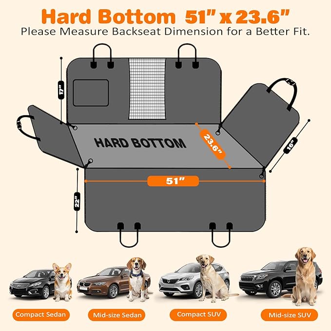 URPOWER PU Leather Backseat Extender for Dogs, Hard Bottom Dog Car Seat Cover for Back Seat, Waterproof Dog Car Hammock Anti-Scratch Pet Rear Seat Protector Travel Bed for Car, SUV, and Small Truck