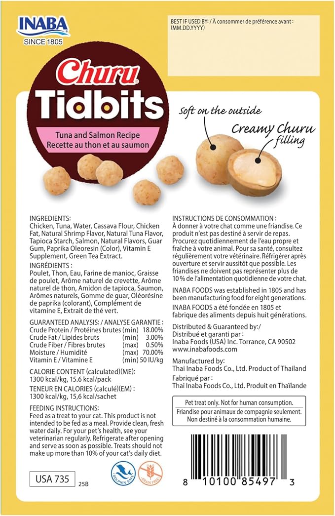 INABA Churu Tidbits for Cats, Soft & Chewy Churu Filled, Baked Chicken Cat Treats with Taurine & Green Tea Extract, 0.42oz per Pack, 8 Packs Total, Tuna & Salmon Recipe