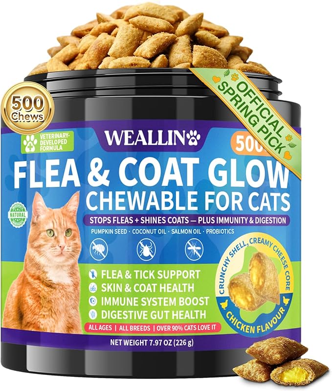 Flea and Tick Prevention for Cats - 500 Crunchy & Creamy Chews, Cat Flea Treatment with Skin & Coat Support, Oral Natural Flea Chewables for Gut & Immunity Support for All Breeds & Ages Chicken Flavor
