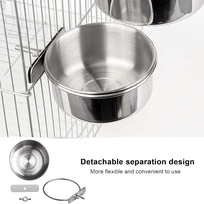 8 pcs Bird Feeding Dish Cups, Parrot Stainless Steel Food Bowl Cage Water Feeder with Clamp Holder for Parrots Cockatiel Budgies Lovebird Parakeet Feeding Cups with 8 Spoon