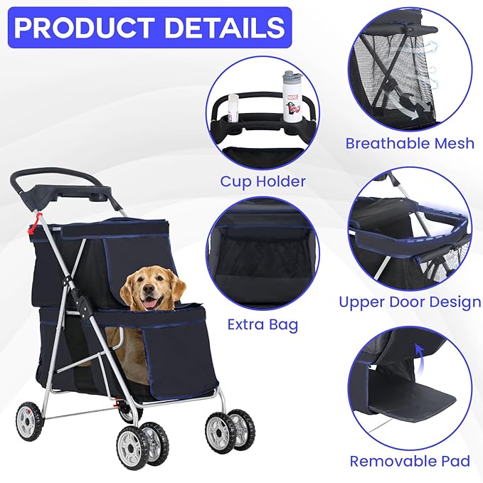 FDW 4 Wheels Pet Stroller Dog Cat Carriers Bag Lightweight Waterproof Folding Jogger Double Stroller with Cup Holders,Black