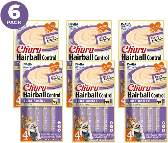 INABA Churu Hairball Control,Functional,Creamy Lickable Purée Cat Treat with Taurine & Vitamin E,0.5 Ounces Each,Tubes (4 per Package),Tuna Recipe - Packaging May Vary*,(Pack of 48)