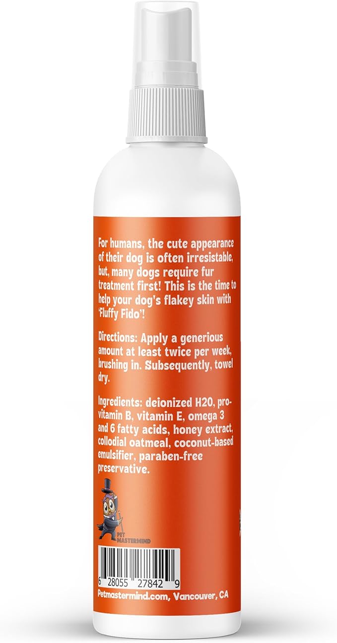 Dog Dandruff Treatment & Dry Skin Relief Dog Spray - Fluffy Fido Unscented No Rinse Pet Dander Spray with Vitamin B, Omega 3 & 6 & Honey Extract - 7 fl. oz.