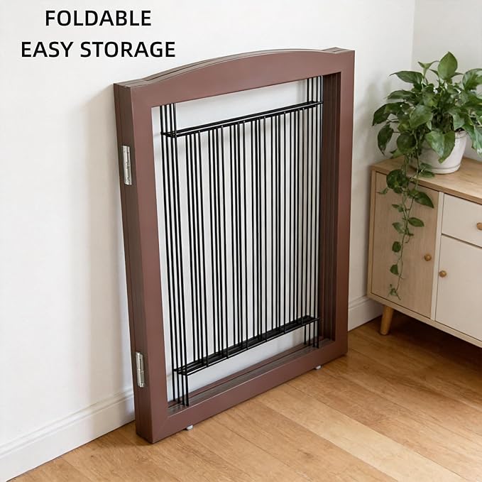 ZJSF Freestanding Dog Fence Indoor, Foldable Dog Gate for Doorways, Stairs or Hallways, Sturdy Wood Extra Wide Pet Gate with Support Feet for The House, Brown, 32 "Height-4 Panels