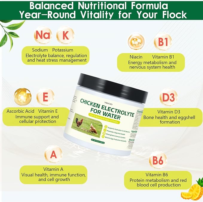 Chicken Electrolytes, Vitamins & Probiotics – Poultry Supplement for Hydration, Immunity & Gut Health – for Chickens, Ducks, Turkeys – 8.8oz Powder – All Ages Formula