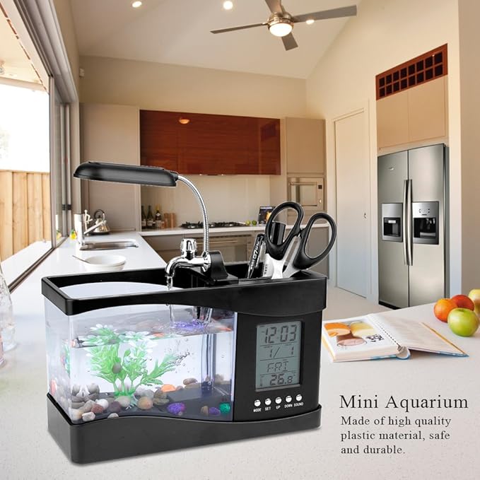 Multifunctional Mini Fish Tank, Desktop Aquarium with USB Rechargeable LED Lights, Clock Function, Black Plastic Fish Tank