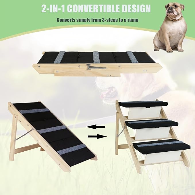 2-in-1 Indoor Pet Ramp, Wooden Folding 3-Tier Pet Stairs with Non-Slip Carpeted Steps, Ramp Perfect for Bed and Couch