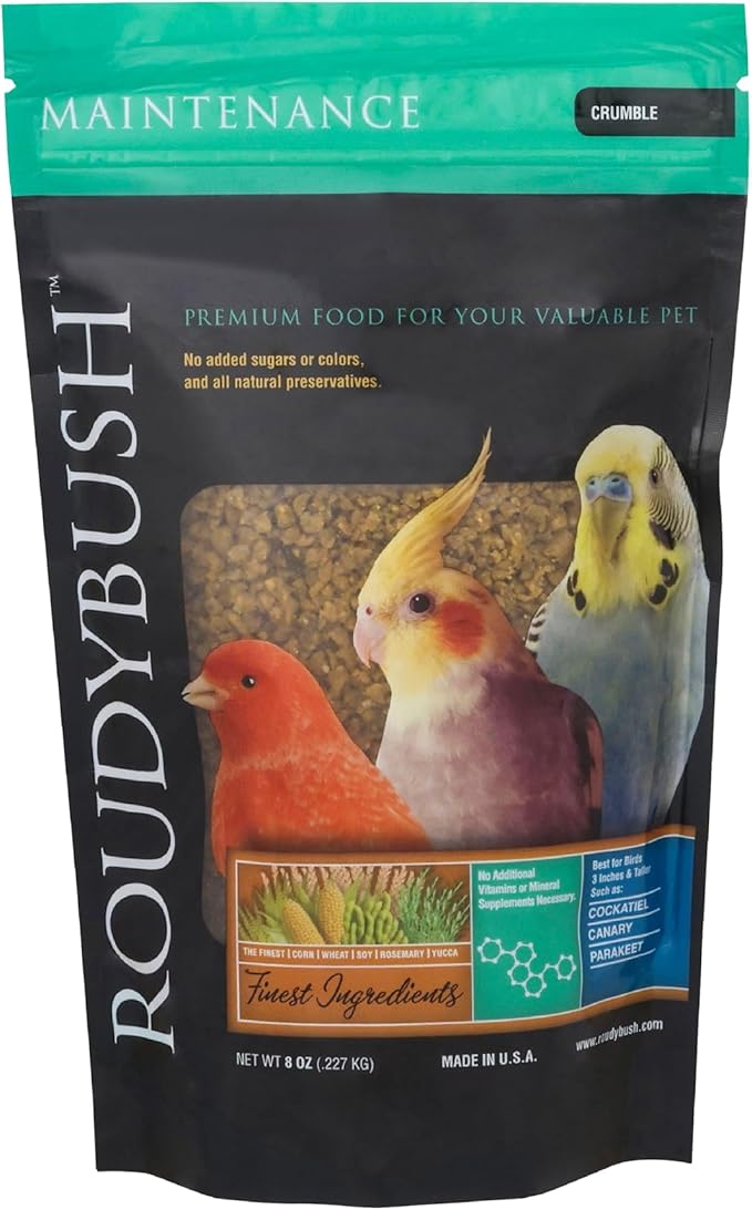 RoudyBush Daily Maintenance Bird Food, Crumbles Pellet Diet for Everyday Feeding, Complete Nutrition Support, No Artificial Colors or Flavors, Clean Label Formula, Crumbles Pellet Size, 8 oz