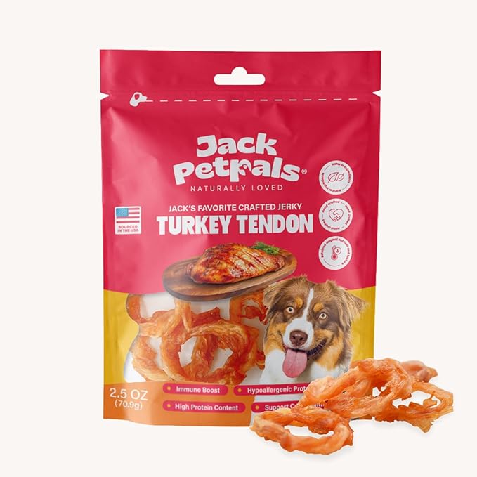 Jack’s Favorite Crafted Jerky Turkey Tendon - Premium Natural Turkey Tendon Jerky for Dogs - High Protein, Low-Fat - Supports Coat & Immune Health - Training Treats - 2.5 oz - 1 Pack