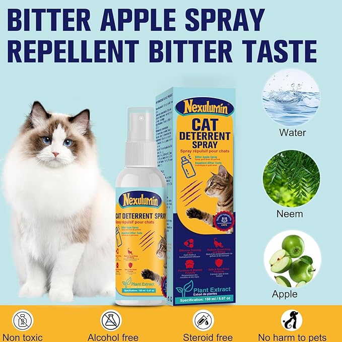 Bitter Apple Cat Deterrent Spray, Natural, Pet-Safe Formula is The Versatile Solution for Indoor & Outdoor Use. Effectively Protect Your Sofa, Carpets, Behavior. (150ml / 5.07oz)