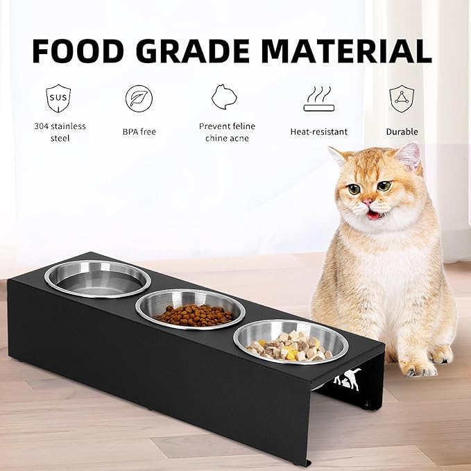 Elevated cat Bowls with Non-Slip Base, 15°Tilted Integrated Stand Anti Vomiting Raised Cat Dishes, Includes 3 Stainless Steel Bowls for Food and Water, Suitable for Cats and Small Dogs.