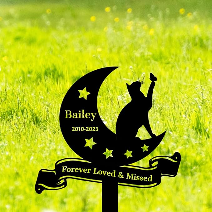 Custom Stars Moon Cat Grave Marker Outdoor, Personalized Metal Cat Memorial Stake Grave Marker, Customized Cat Memorial Statue for Outside Garden Plaque Pet Memorial Marker for Cats