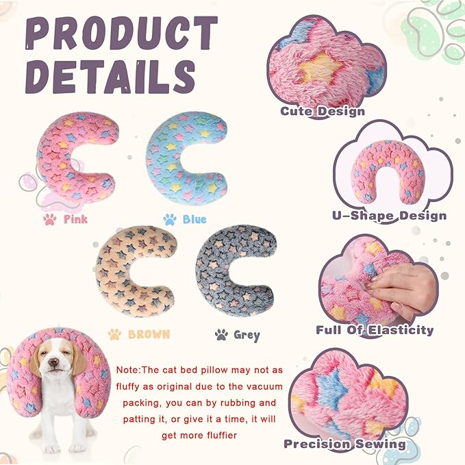 Sweetude 4 Pcs Pillows for Cats Puppy Bed Fluffy Pet Calming Soft Gifts Half Donut U Shaped Pet Neck Pillow Training Joint Relief Cervical Protection(Star,Large)