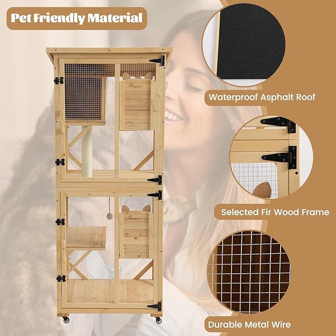 TITIMO 71" Catio Cat Enclosure Window, Large Outdoor/Indoor Cat House for Multiple Cats, Wooden Kitty Condo W/Waterproof Roof, Platforms, Resting Box, Scratching Post, Sisal Ball, Wheels