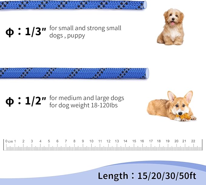 Long Dog Leash for Training 15Ft-Reflective Nylon Rope with Swivel Hook-Recall Agility Lead for Large Small Medium Dogs Outside Walking Hiking-Royal Blue Diam 1/2"