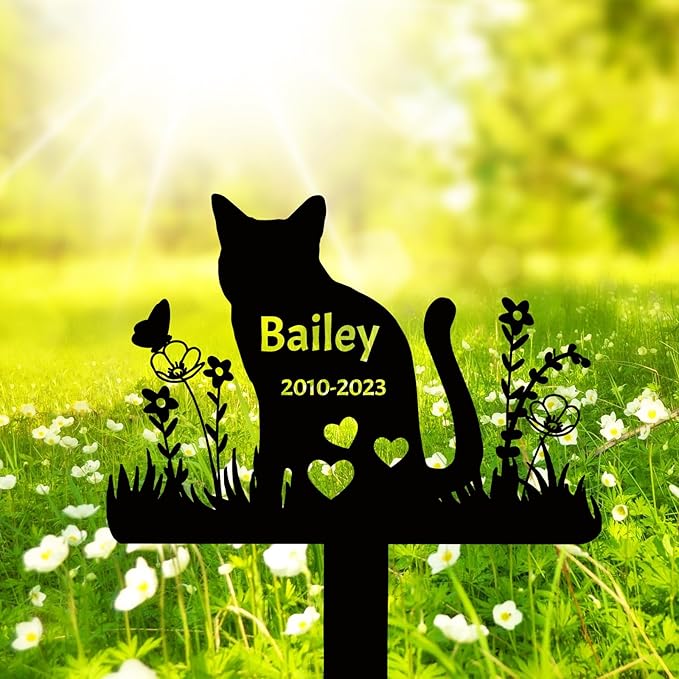 Custom Metal Cat Memorial Garden Stake Grave Marker, Personalized Flowers Cat Memorial Stake Grave Marker for Pet Grave Decor, Customized Cat Headstone Tombstone Outdoors Memorial Marker